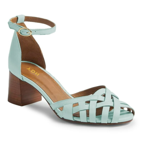 YDN Women Peep Toe Woven Strappy Sandals Ankle Strap Mid Block Stacked Heels Comfortable Date Dress Pumps Size 6.5 Pale Turquoise