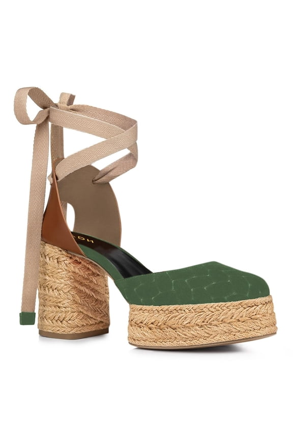 Women Platform Espadrilles Block Mid Heels Closed Pointed Toe Ankle Wrap Sandals Comfortable Dressy Daily Pumps Size 5 Green
