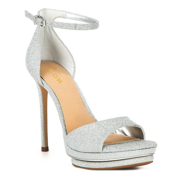 YDN Women Platform Open Round Toe Sandals Buckle Two Strap Stiletto High Heels Sexy Party Dressy Shoes Size 5.5 Silver Glitter