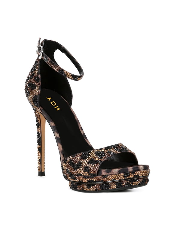 Women Platform Open Round Toe Sandals Buckle Two Strap Stiletto High Heels Sexy Party Dressy Shoes Size 5 Leopard Studded