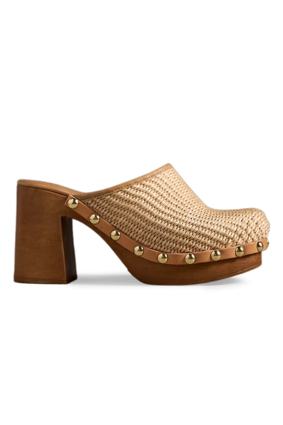 Women Platform Rivet Studded Clog Mules Round Toe Slip on High Chunky Heels Casual Dress Slide Sandals Size 4 Natural