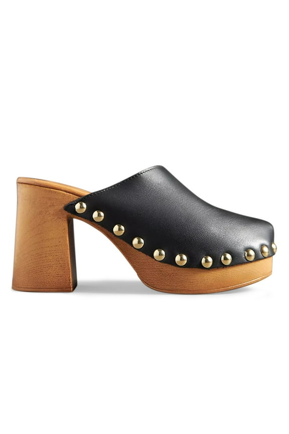 Women Platform Rivet Studded Clog Mules Round Toe Slip on High Chunky Heels Casual Dress Slide Sandals Size 6 Black