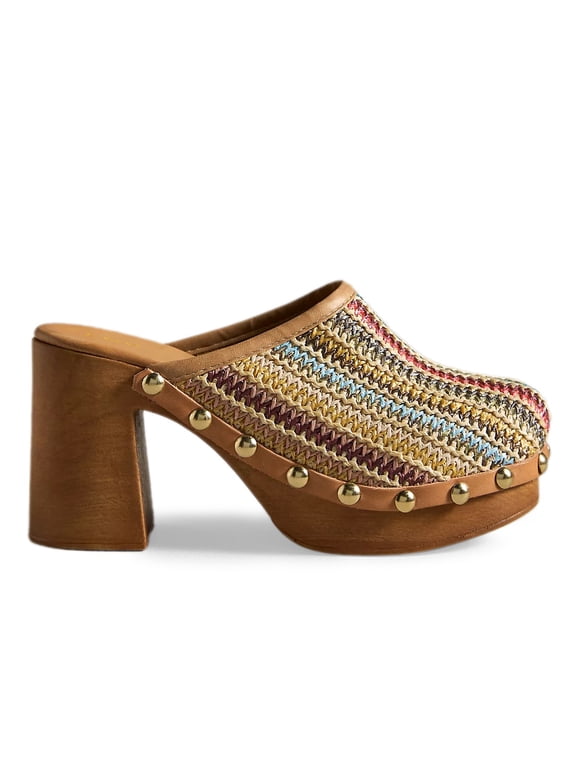 Women Platform Rivet Studded Clog Mules Round Toe Slip on High Chunky Heels Casual Dress Slide Sandals Size 7.5 Multi