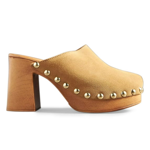 YDN Women Platform Rivet Studded Clog Mules Round Toe Slip on High Chunky Heels Casual Dress Slide Sandals Size 7 Khaki