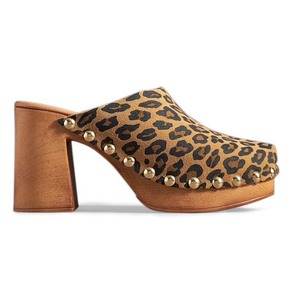 YDN Women Platform Rivet Studded Clog Mules Round Toe Slip on High Chunky Heels Casual Dress Slide Sandals Size 8 Leopard