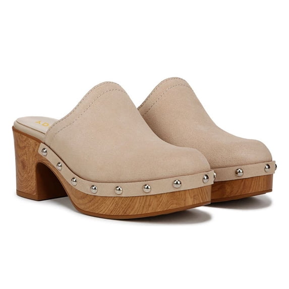 YDN Women Platform Round Toe Slip On Mules Clogs Metal Studded Mid Block Chunky Heels Comfortable Shopping Dressy Slides Pumps Size 10 Beige
