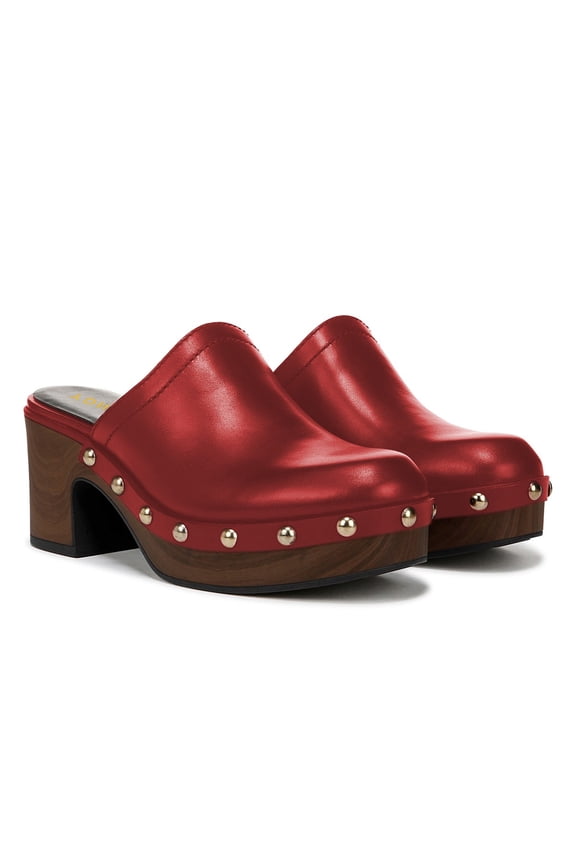 Women Platform Round Toe Slip On Mules Clogs Metal Studded Mid Block Chunky Heels Comfortable Shopping Dressy Slides Pumps Size 10 Red