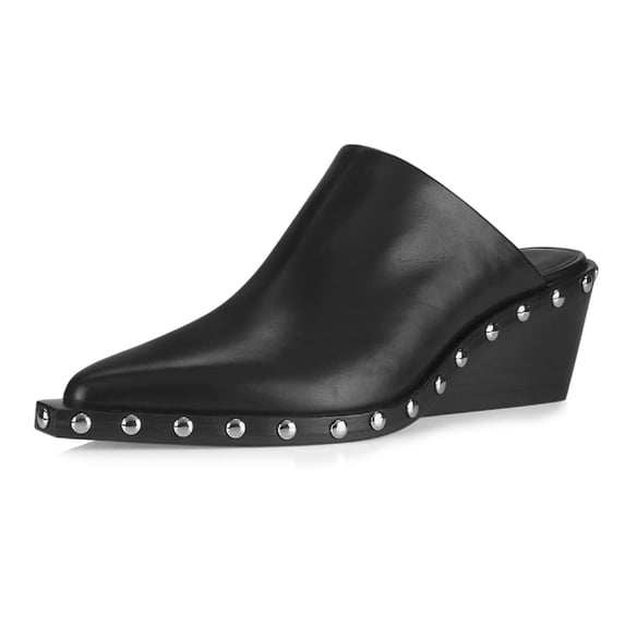YDN Women Pointed Closed Toe Rivets Studded Clogs Mules Slip On Wedge Mid Heel Slides Sandals Casual Daily Wear Shoes Size 4 Black