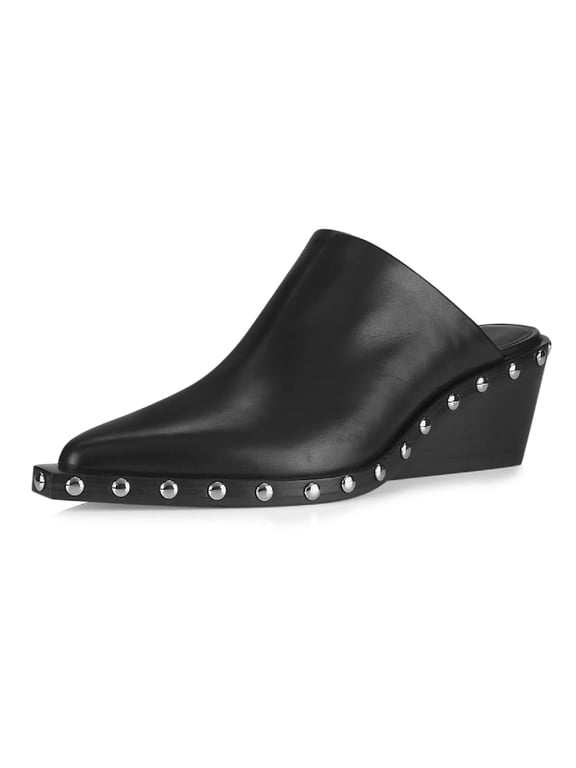 Women Pointed Closed Toe Rivets Studded Clogs Mules Slip On Wedge Mid Heel Slides Sandals Casual Daily Wear Shoes Size 9 Black