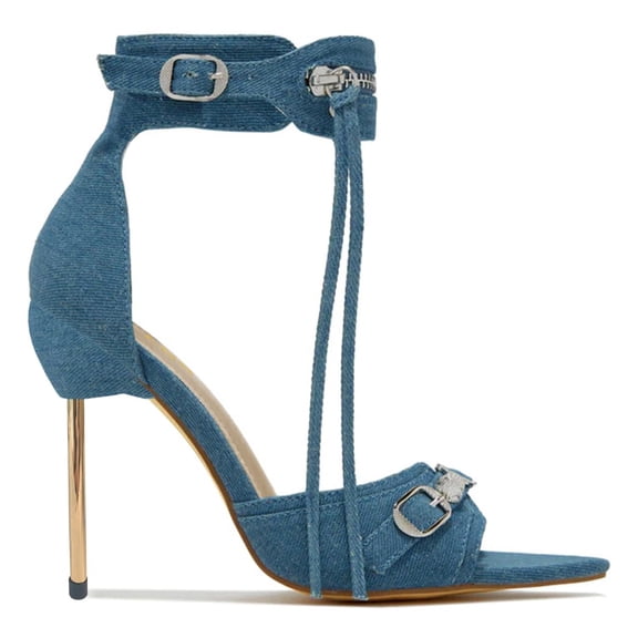 YDN Women Pointed Open Toe Zipper Tassel Sandals Ankle Buckle Strap Metal Stiletto High Heels Dressy Party Daily Dress Shoes Size 13 Denim Blue
