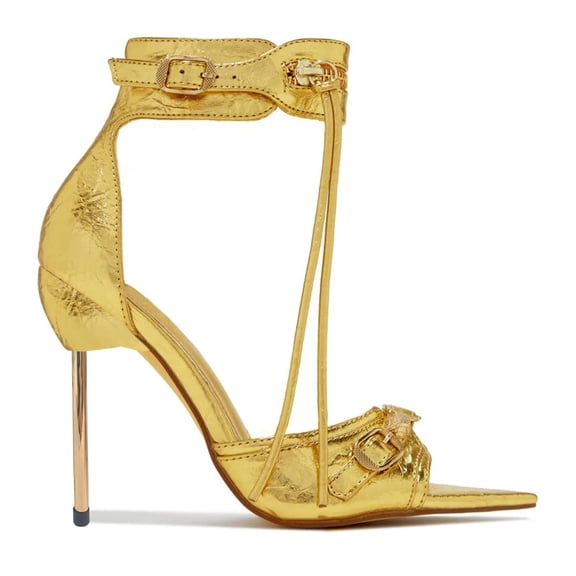 YDN Women Pointed Open Toe Zipper Tassel Sandals Ankle Buckle Strap Metal Stiletto High Heels Dressy Party Daily Dress Shoes Size 4 Gold