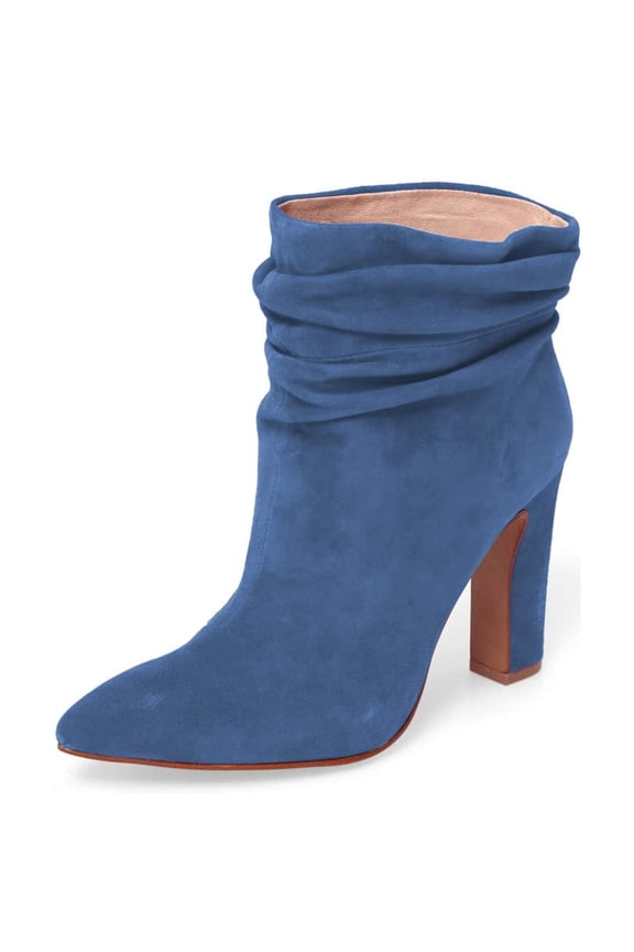 Women Pointed Toe Ankle Boot Chunky High Heels Pull On Winter Slouch Booties Shoe Size 12 Blue