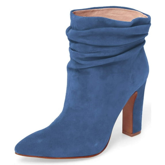 YDN Women Pointed Toe Ankle Boot Chunky High Heels Pull On Winter Slouch Booties Shoe Size 8.5 Blue