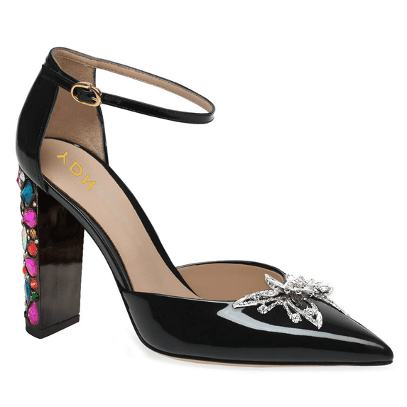 YDN Women Pointed Toe Butterfly D'orsay Pumps Ankle Strap Crystal High Chunky Heels Party Evening Date Buckle Shoes Size 11 Black