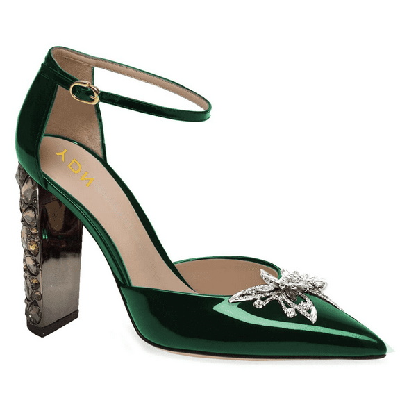 YDN Women Pointed Toe Butterfly D'orsay Pumps Ankle Strap Crystal High Chunky Heels Party Evening Date Buckle Shoes Size 16 Dark Green