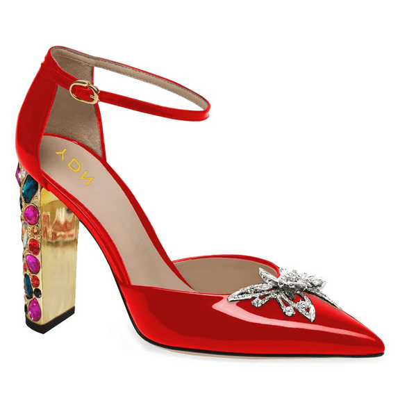 YDN Women Pointed Toe Butterfly D'orsay Pumps Ankle Strap Crystal High Chunky Heels Party Evening Date Buckle Shoes Size 7.5 Red