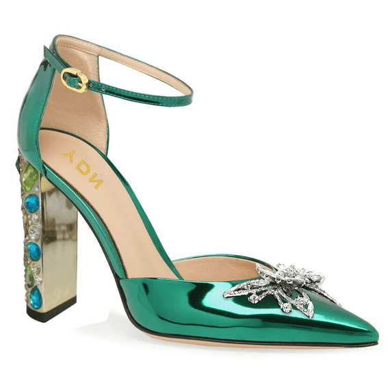 YDN Women Pointed Toe Butterfly D'orsay Pumps Ankle Strap Crystal High Chunky Heels Party Evening Date Buckle Shoes Size 8 Dark Cyan