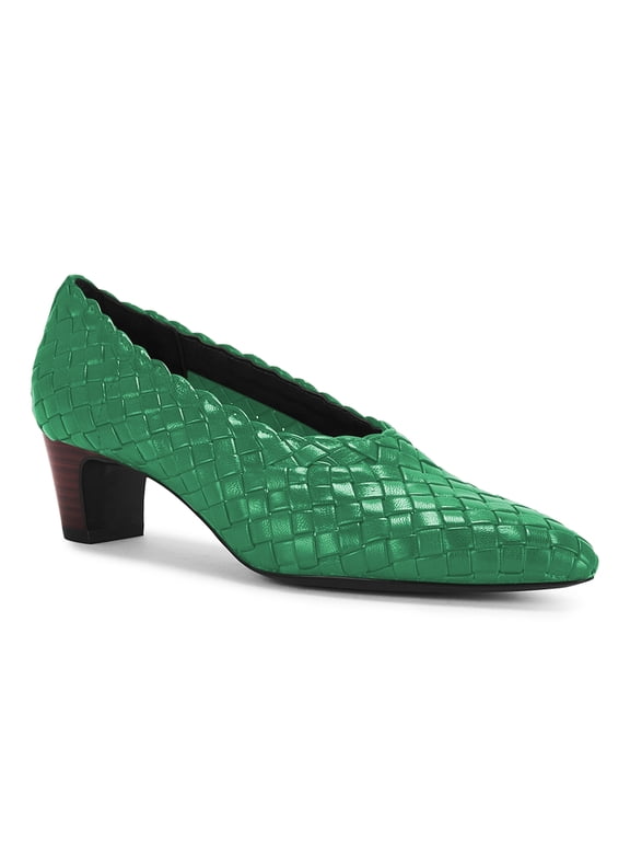 Women Pointed Toe Checkered Style Pumps Block Low Heels Slip On Casual Comfort Daily Outfit Shoes Size 9 Green
