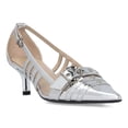 thumbnail image 1 of YDN Women Pointed Toe Cutout Strappy Pumps Metal Studded Buckle Kitten Low Heels Formal Work Event Date Shoes Size 7 Silver, 1 of 5