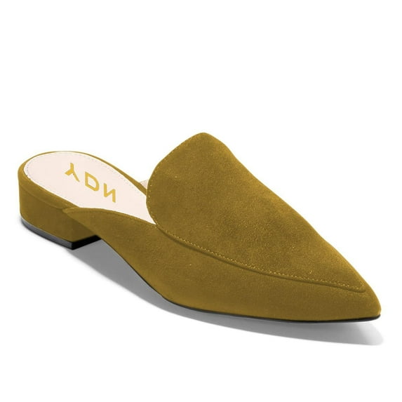 YDN Women Pointed Toe Slip on Mules Comfortable Low Chunky Heel Loafer Shoes Daily Dress Backless Pumps Size 6.5 Olive Suede