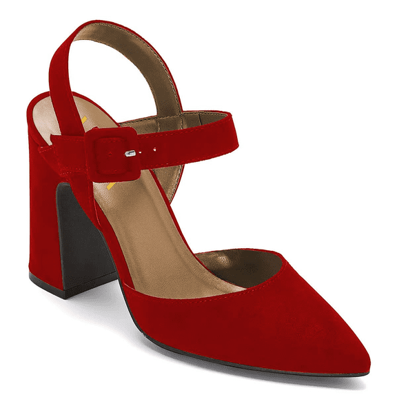 YDN Women Pointed Toe Strappy Buckled Pumps Ankle Strap High Chunky Heels Dressy Dance Party Sandals Size 4 Red