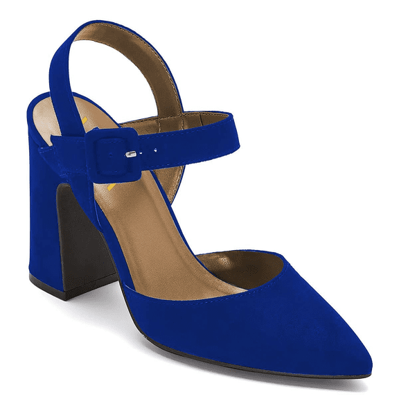 YDN Women Pointed Toe Strappy Buckled Pumps Ankle Strap High Chunky Heels Dressy Dance Party Sandals Size 5 Blue
