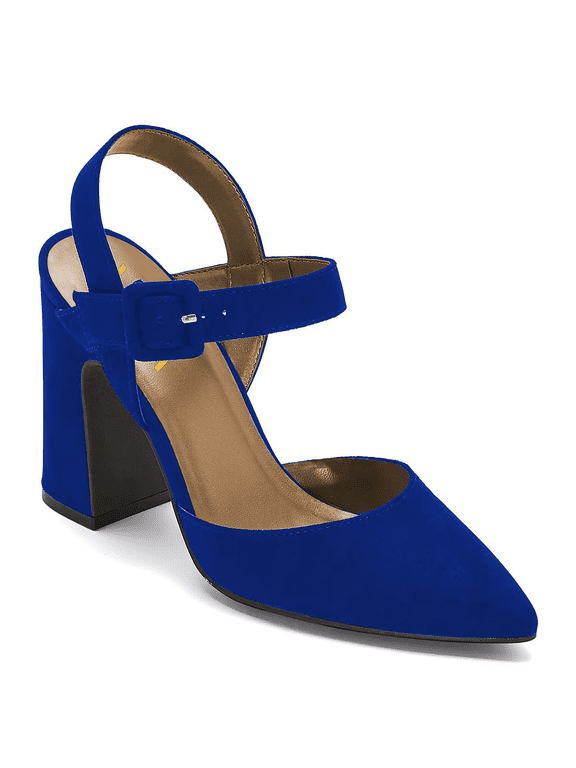 Women Pointed Toe Strappy Buckled Pumps Ankle Strap High Chunky Heels Dressy Dance Party Sandals Size 5 Blue