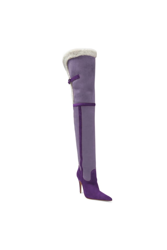 Women Pointed Toe Two Tone Thigh High Boots Pull On Buckle Stiletto High Heels Winter Dressy Party Long Boots Size 10 Purple