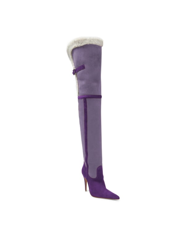 Women Pointed Toe Two Tone Thigh High Boots Pull On Buckle Stiletto High Heels Winter Dressy Party Long Boots Size 8 Purple