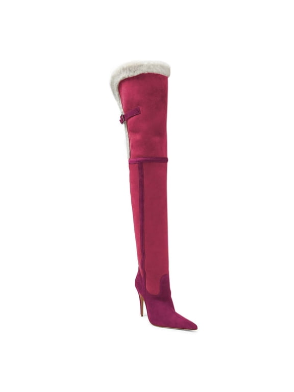 Women Pointed Toe Two Tone Thigh High Boots Pull On Buckle Stiletto High Heels Winter Dressy Party Long Boots Size 9.5 Fuchsia