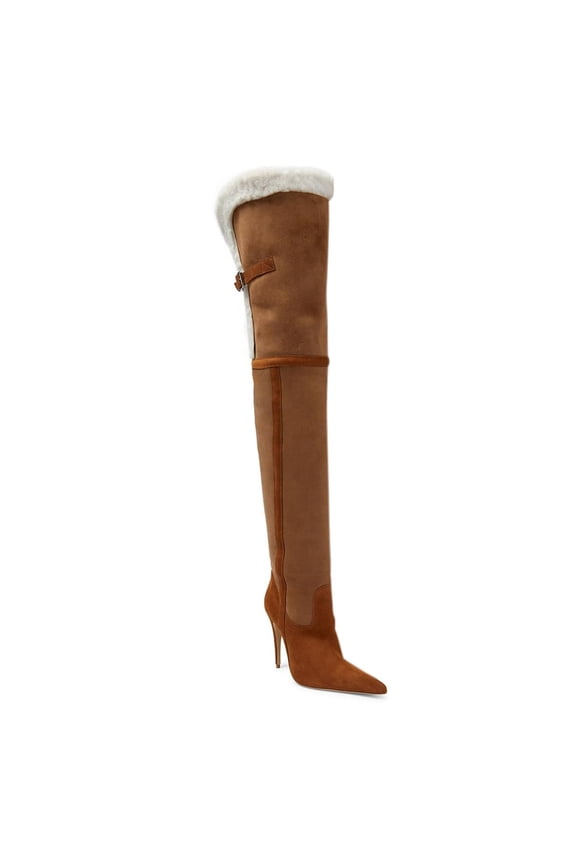 Women Pointed Toe Two Tone Thigh High Boots Pull On Buckle Stiletto High Heels Winter Dressy Party Long Boots Size 9 Brown