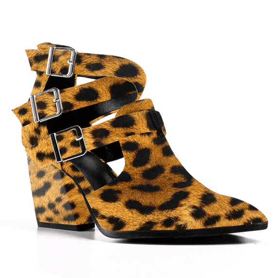 YDN Women Pointy Toe Cutout Ankle Boots Zippers Mid Chunky Heel Strappy Buckles Sandals Casual Dress Work Shoes Size 5.5 Yellow Leopard