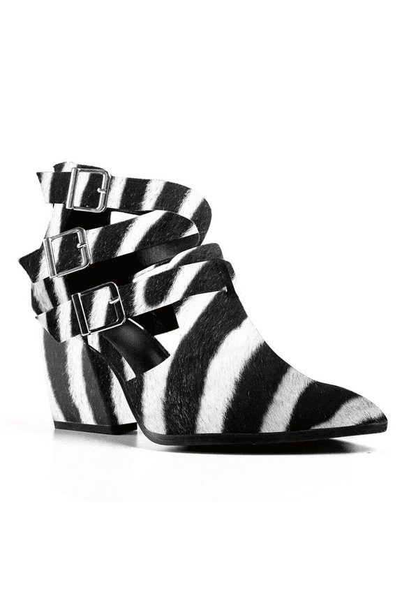 Women Pointy Toe Cutout Ankle Boots Zippers Mid Chunky Heel Strappy Buckles Sandals Casual Dress Work Shoes Size 8 Zebra