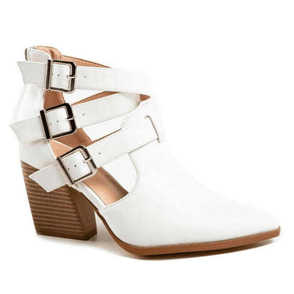 YDN Women Pointy Toe Cutout Ankle Boots Zippers Mid Chunky Heel Strappy Buckles Sandals Casual Dress Work Shoes Size 9.5 White