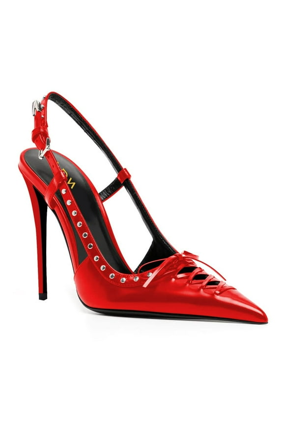 Women Pointy Toe Cutout Slingback strap Buckle Pumps Bows Stiletto High Heels Studded Sandals Sexy Party Club Shoes Size 7 Red