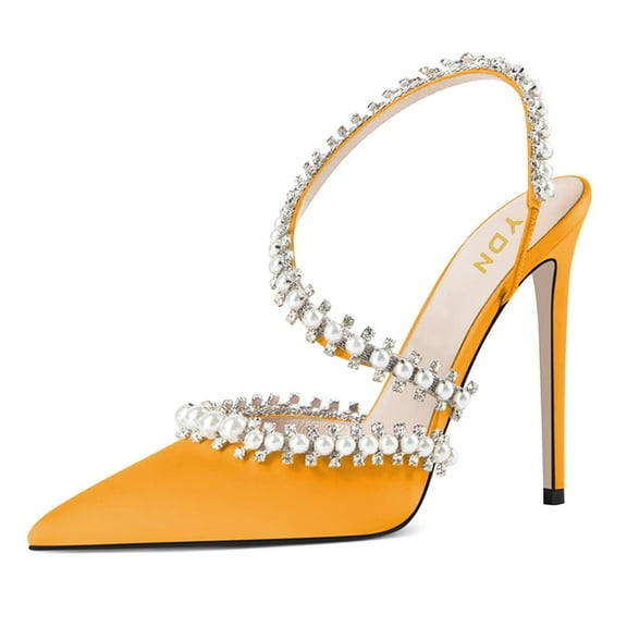 YDN Women Rhinestone Pointed Toe Slip On Pumps Pearls Studded Stiletto High Heel Shoes Wedding Event Dress Size 10 Yellow