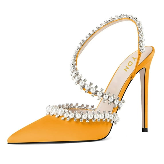 YDN Women Rhinestone Pointed Toe Slip On Pumps Pearls Studded Stiletto High Heel Shoes Wedding Event Dress Size 8 Yellow
