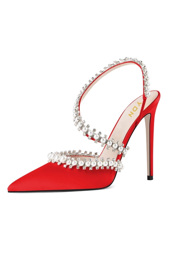 Women Rhinestone Pointed Toe Slip On Pumps Pearls Studded Stiletto High Heel Shoes Wedding Event Dress Size 9 Red