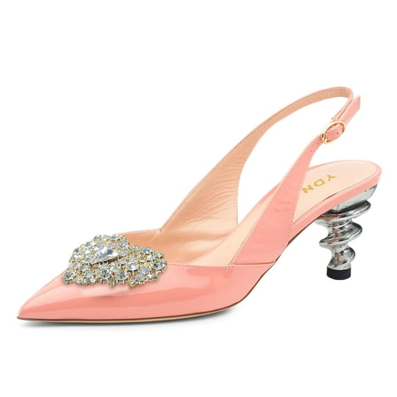 YDN Women Rhinestone Pointy Toe Slip On Slingback Sandals Chic Metal Mid Heels Buckle Pumps Dressy Prom Event Shoes Size 10.5 Pink