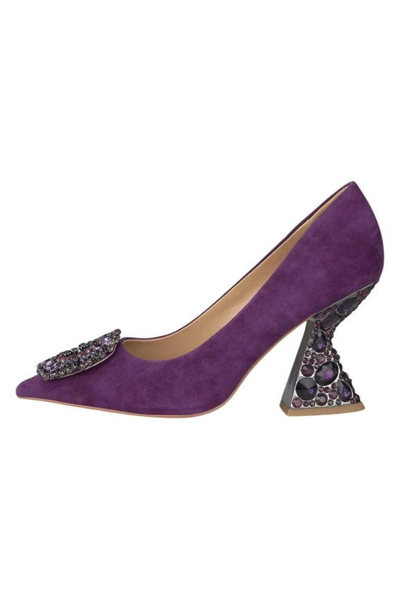 Women Rhinestone Studded Buckle Pumps Slip On Crystal Chunky High Heels Closed Pointed Toe Office Shoes Size 8.5 Purple