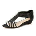 thumbnail image 1 of YDN Women Rhinestone Studded Low Wedge Heeled Sandals Open Toe Back Zippers Strappy Shoes for Casual Holiday Dress Size 7 Black, 1 of 4
