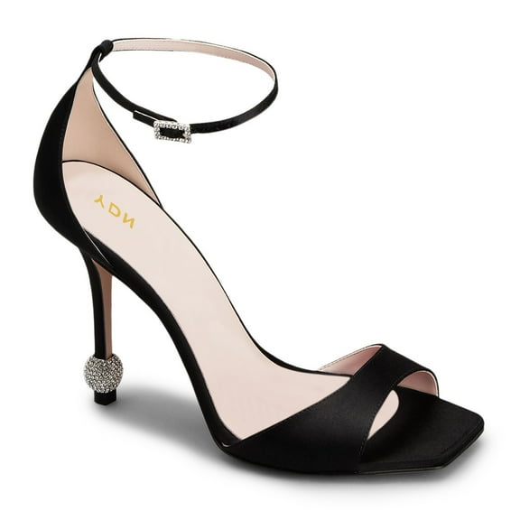 YDN Women Rhinestone Studded Stiletto High Heels Sandals Buckled Strap Open Square Toe Pumps Dress Bridal Party Shoes Size 8.5 Black