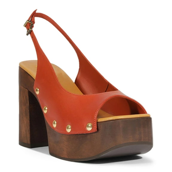 YDN Women Rivet Studded Platform Strappy Sandals Peep Square Toe Chunky High Heels Fashion Party Daily Dress Clog Shoes Size 5.5 Red