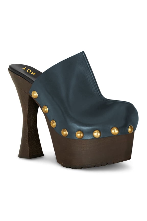 Women Rivets Studded Platform Mules Slip on Spool High Chunky Heel Pumps Comfy Round Toe Party Casual Slides Size 13 Black