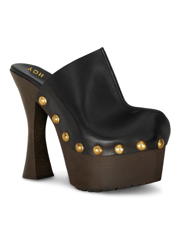 Women Rivets Studded Platform Mules Slip on Spool High Chunky Heel Pumps Comfy Round Toe Party Casual Slides Size 8 Black