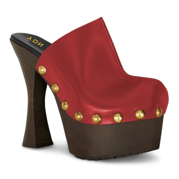 YDN Women Rivets Studded Platform Mules Slip on Spool High Chunky Heel Pumps Comfy Round Toe Party Casual Slides Size 9.5 Red