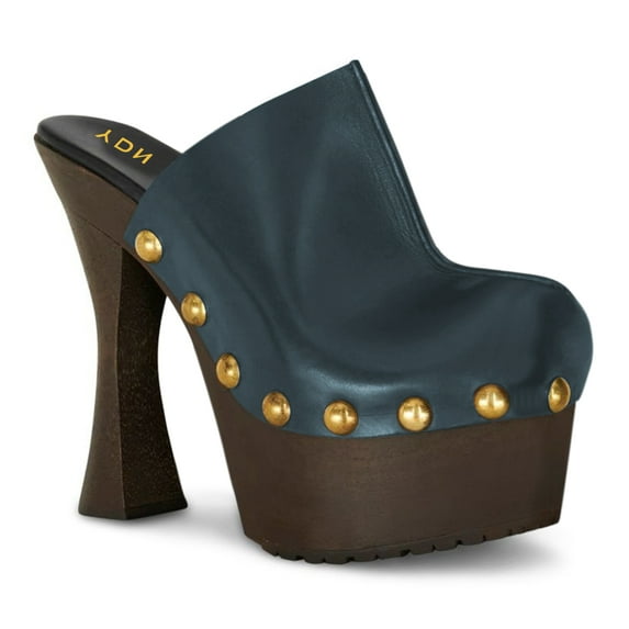 YDN Women Rivets Studded Platform Mules Slip on Spool High Chunky Heel Pumps Comfy Round Toe Party Casual Slides Size 9 Black