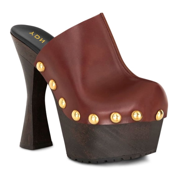 YDN Women Rivets Studded Platform Mules Slip on Spool High Chunky Heel Pumps Comfy Round Toe Party Casual Slides Size 9 Brown