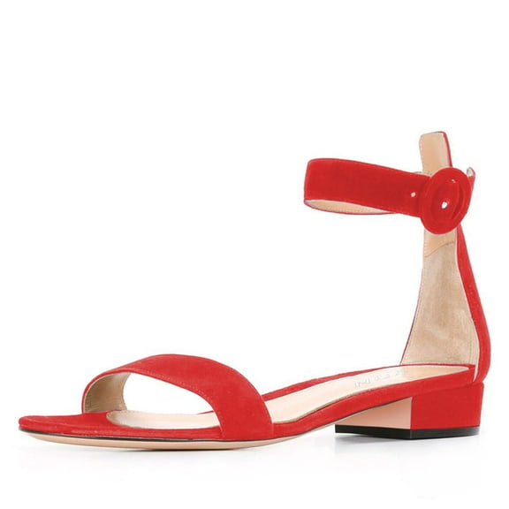 YDN Women Round Open Toe Ankle Strap Sandals Low Chunky Heels with Buckle Elegant Dressy Party Daily Shoes Size 12 Red