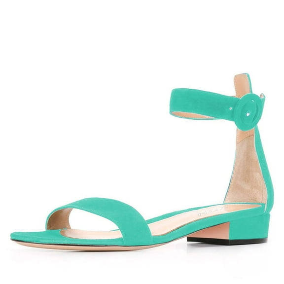 YDN Women Round Open Toe Ankle Strap Sandals Low Chunky Heels with Buckle Elegant Dressy Party Daily Shoes Size 15 Turquoise